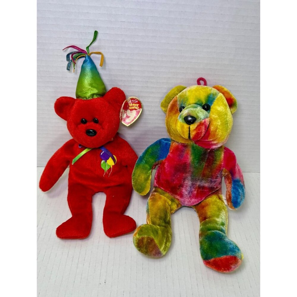 Ty Beanie Babies Lot of 2 Happy Birthday Bear 2006 + Rainbow Multicolor Bear